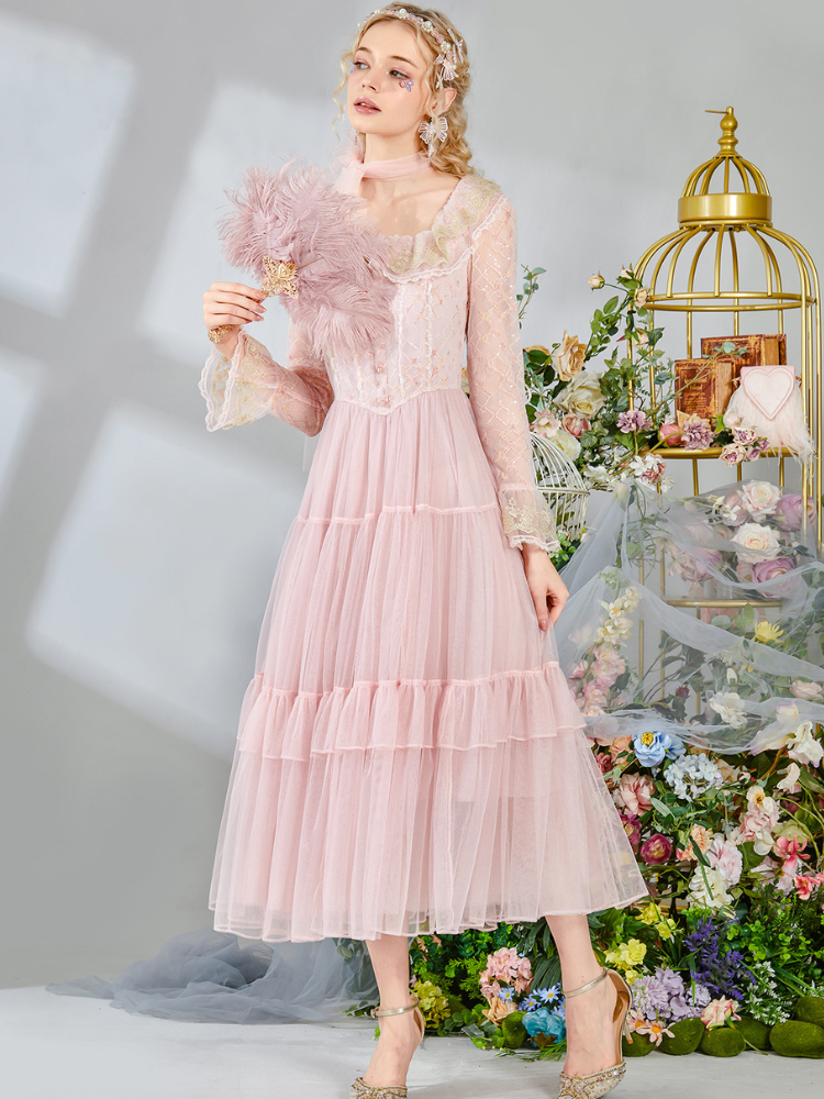 Golden Lace Floral Tiered Dress