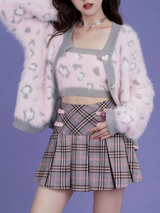 Pink Plaid Buckle Pleated Skirt