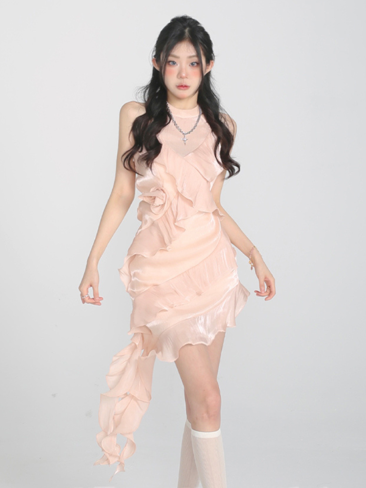 Pink Petal Asymmetrical Ruffle Dress