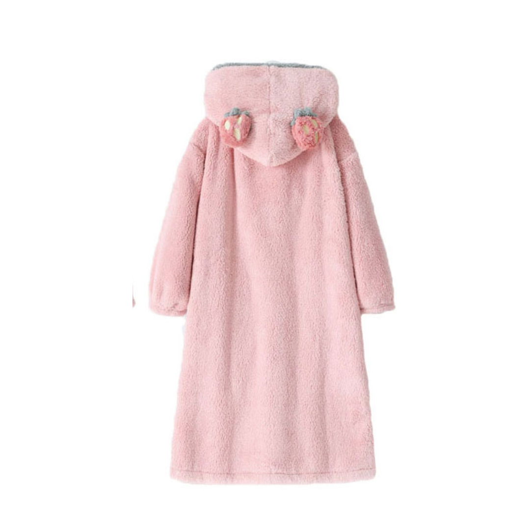 Pink Strawberry Hooded Ears Fluffy Warm Nightgown