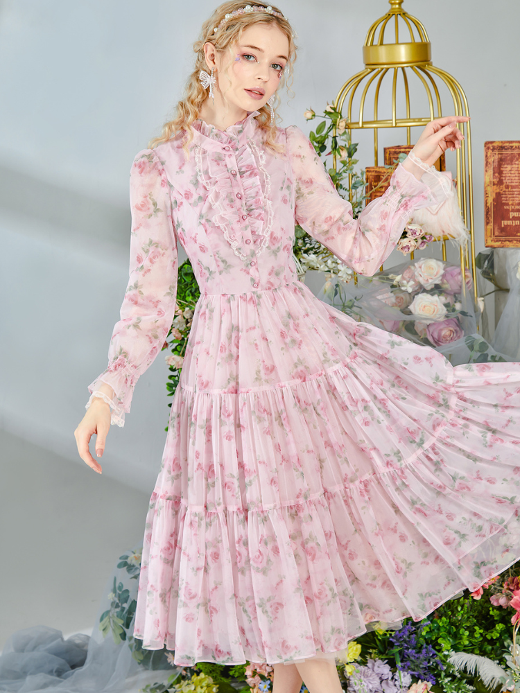 Romantic Floral Frill Long Dress