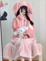 Cute Hooded Ears Pink Rabbit Warm Fluffy Pajama Nigthgown