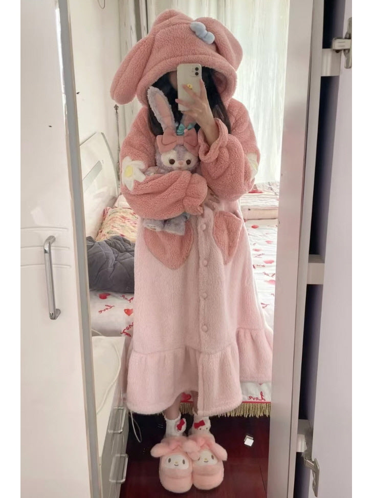 Cute Hooded Ears Pink Rabbit Warm Fluffy Pajama Nigthgown