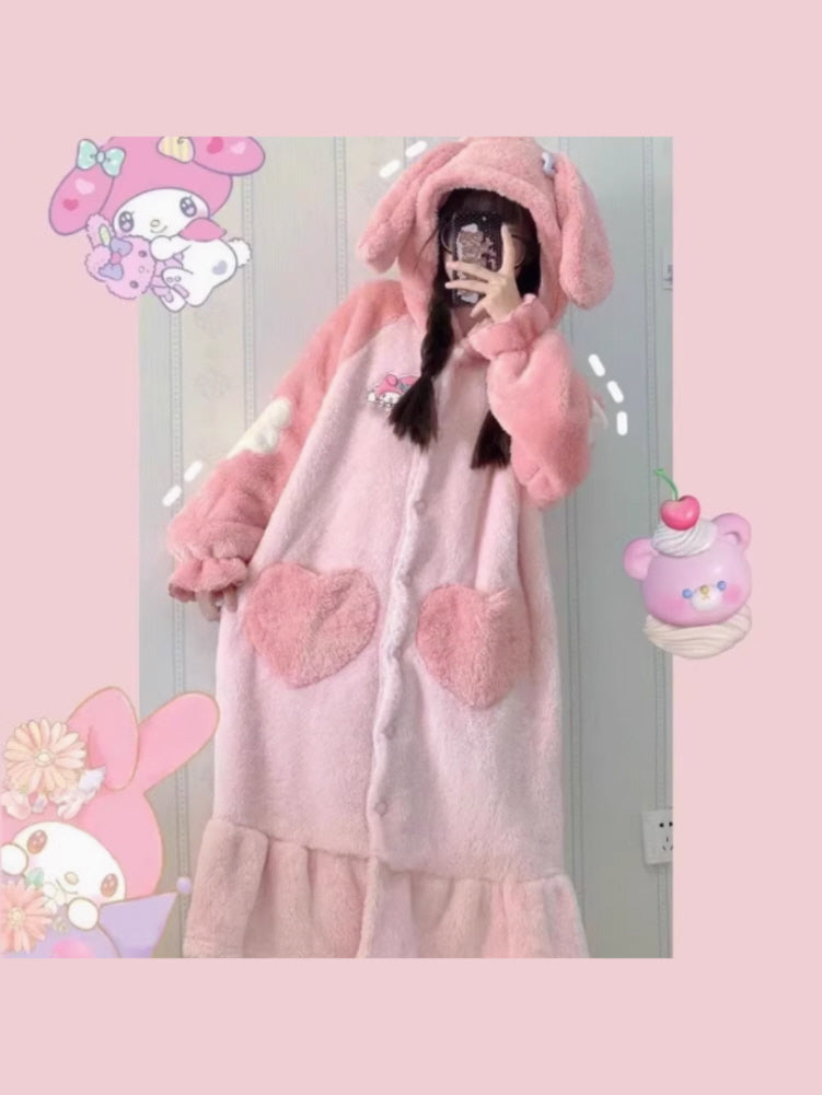 Cute Hooded Ears Pink Rabbit Warm Fluffy Pajama Nigthgown