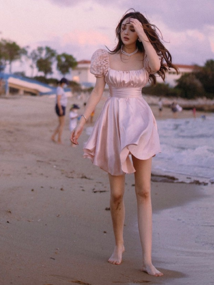 Rosette Puff-Sleeve A-Line Dress