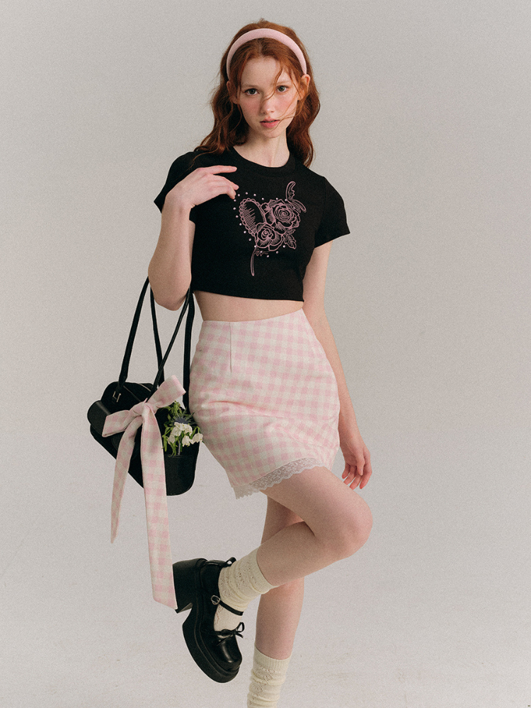 Pink Gingham Lace Trim Mini Skirt
