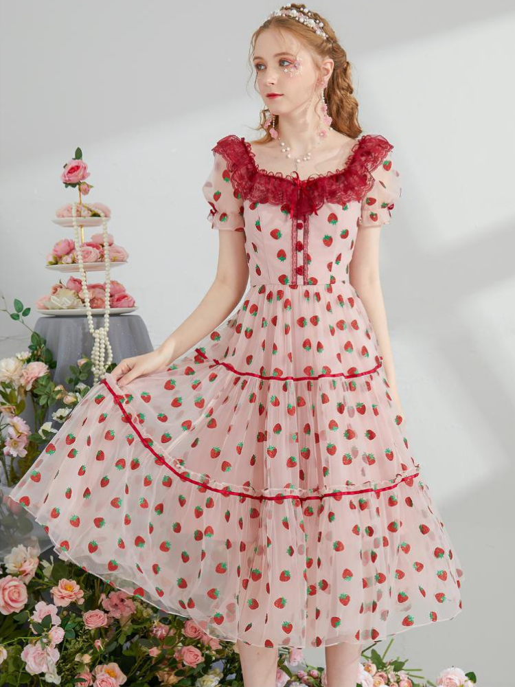 Strawberry Lace Tiered Slim  Dress