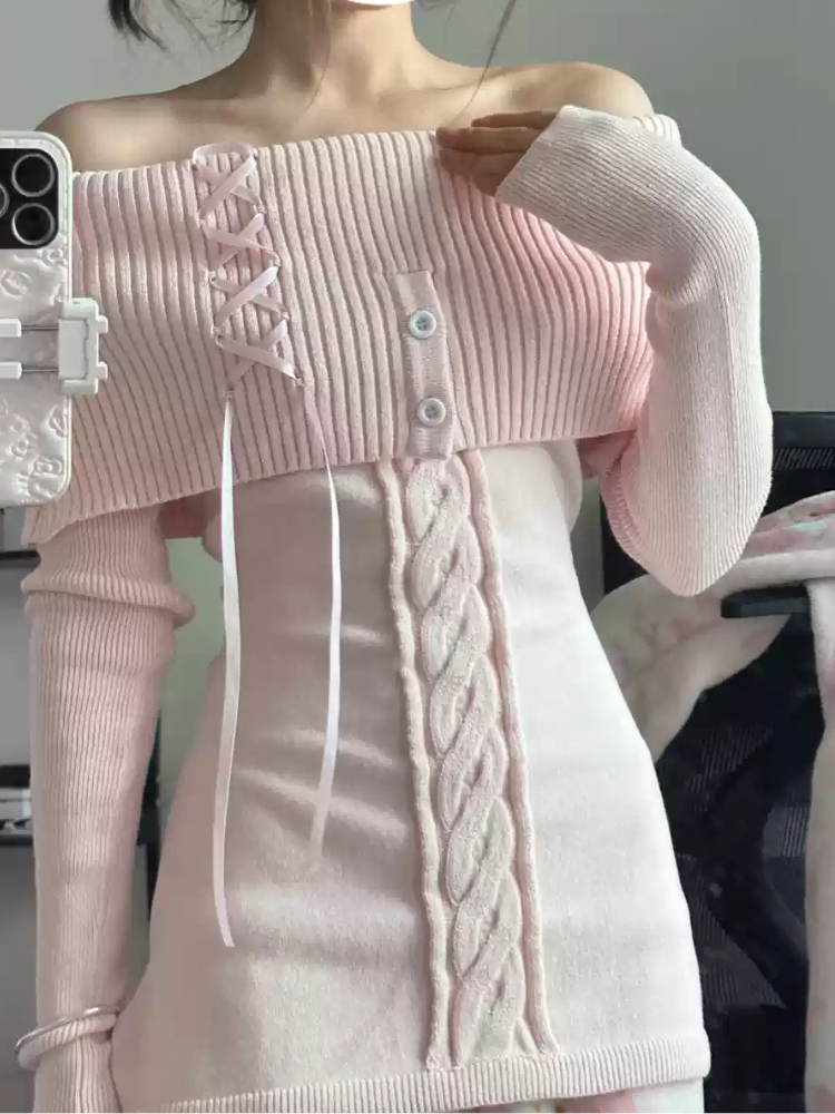Lace-Up Ribbon Off-Shoulder Knit Top