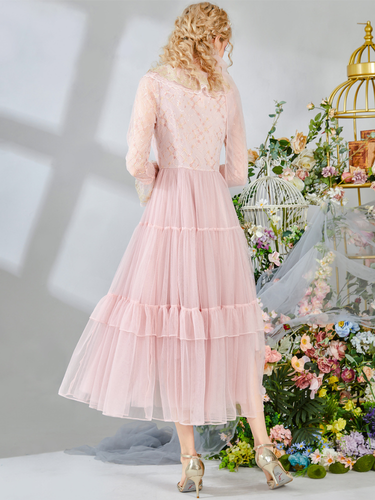 Golden Lace Floral Tiered Dress