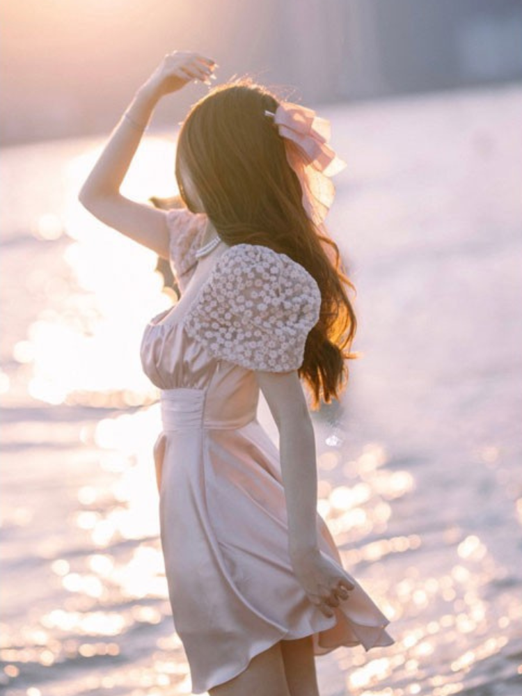 Rosette Puff-Sleeve A-Line Dress