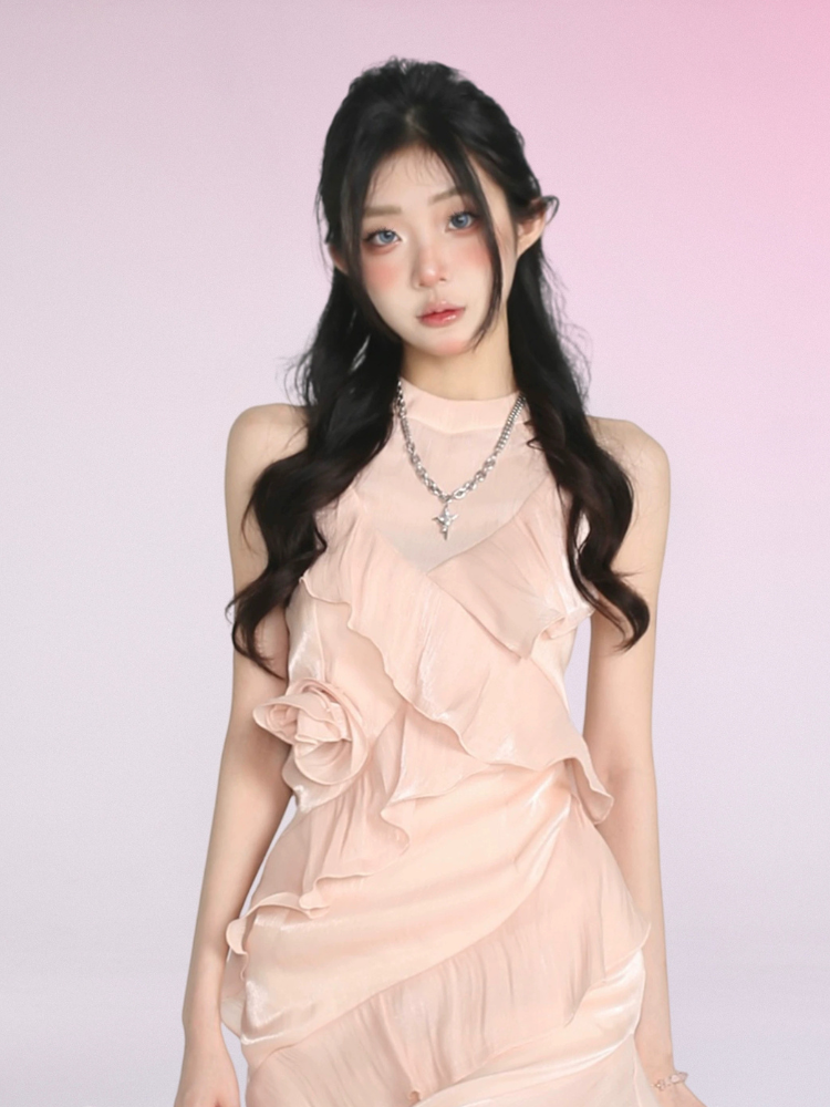 Pink Petal Asymmetrical Ruffle Dress