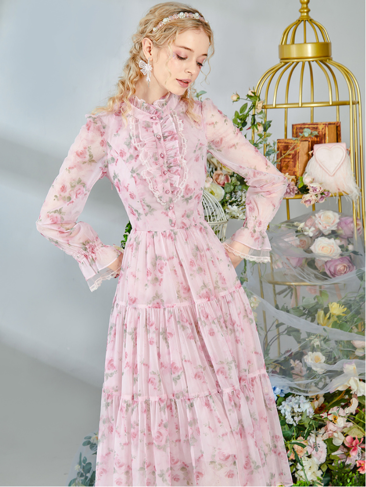 Romantic Floral Frill Long Dress