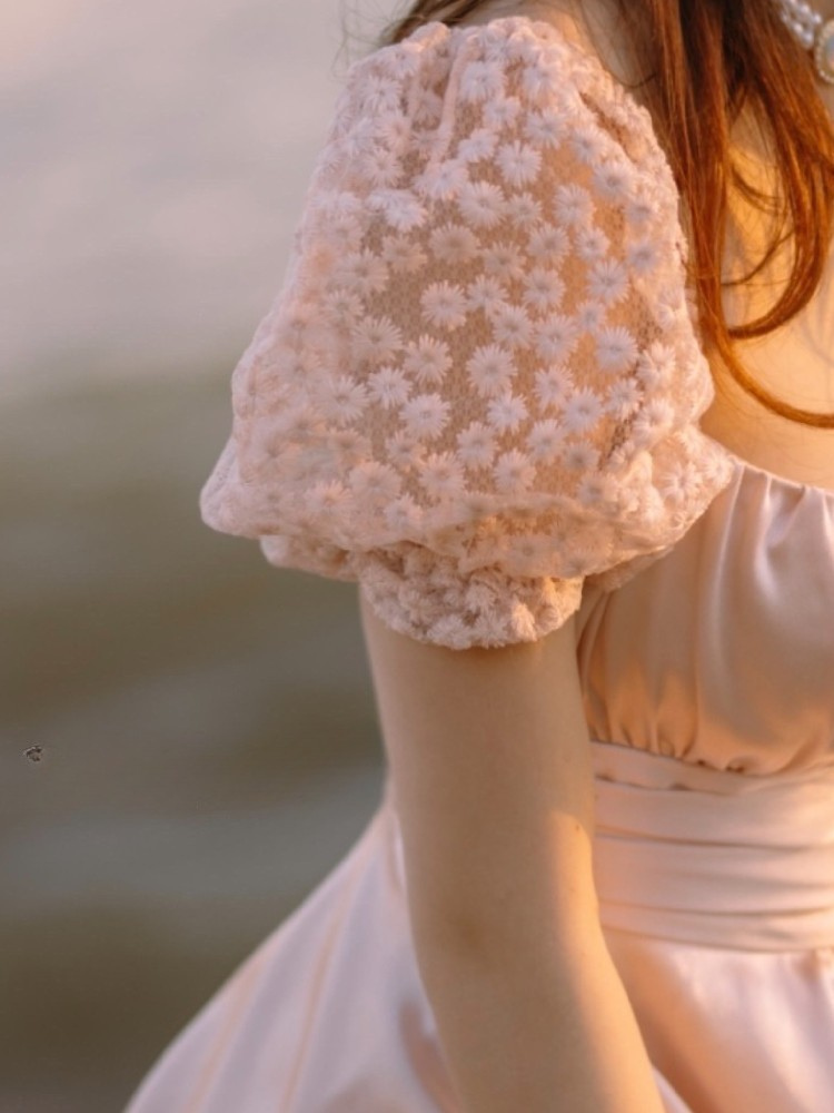 Rosette Puff-Sleeve A-Line Dress