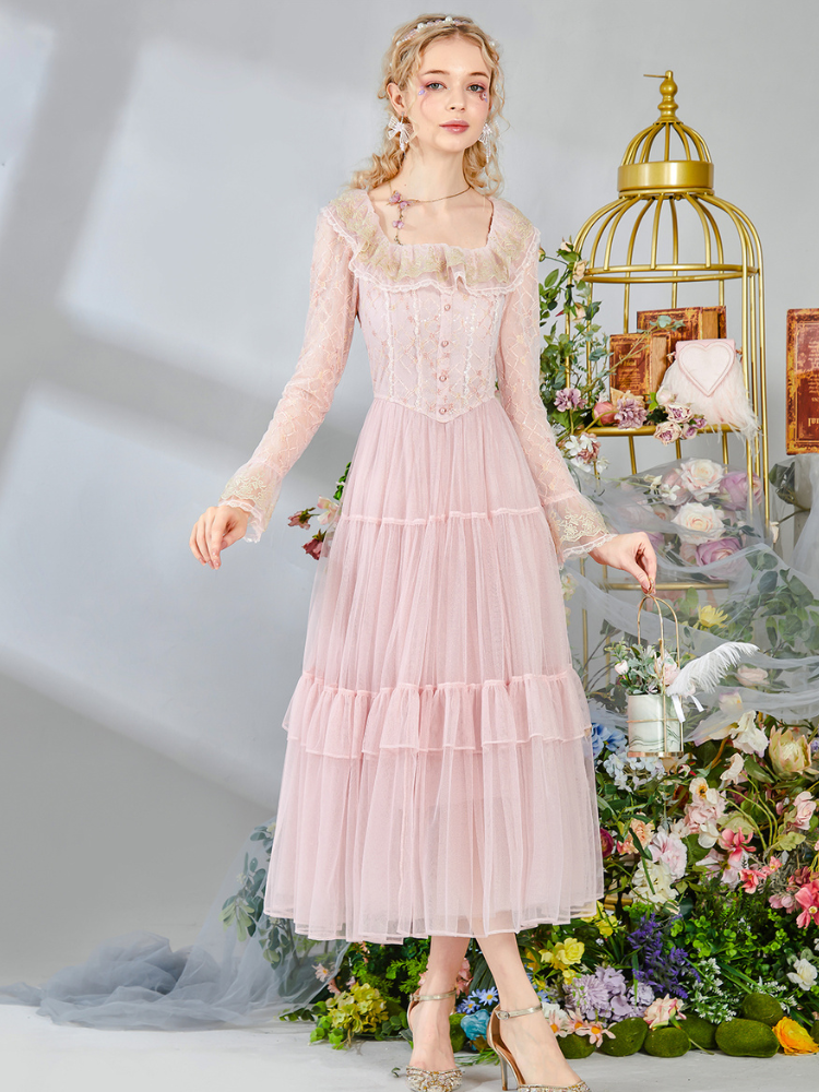 Golden Lace Floral Tiered Dress