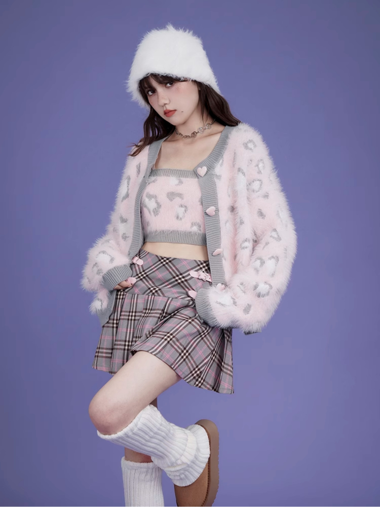 Pink Plaid Buckle Pleated Skirt
