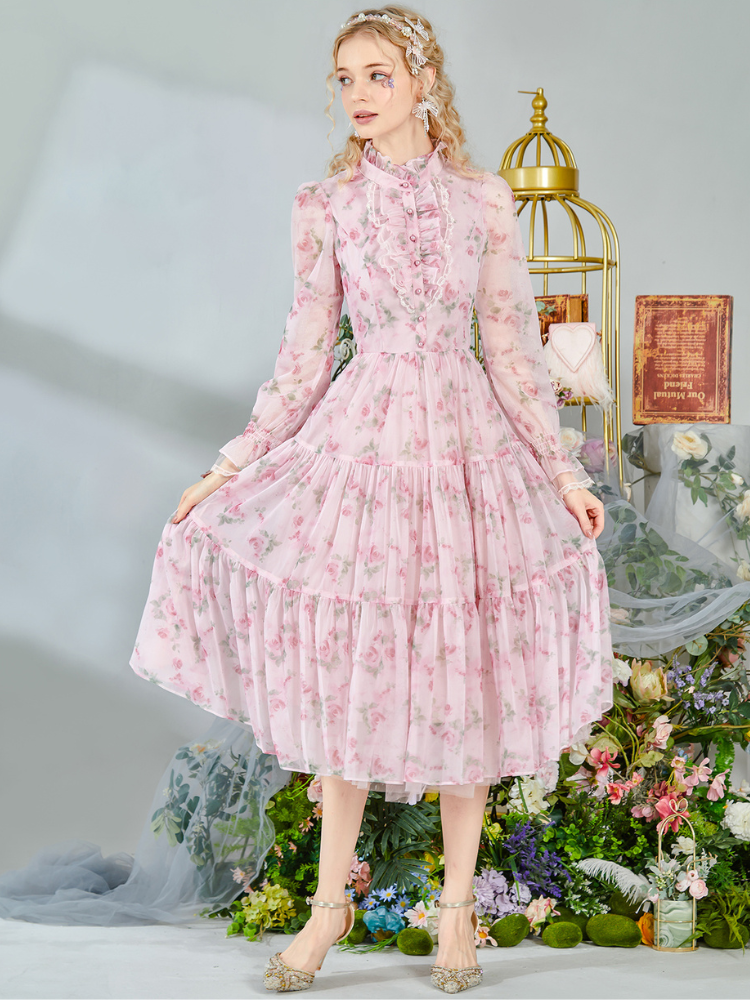 Romantic Floral Frill Long Dress