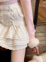 Pink White Soft Plush Lace-up Cake Skirt