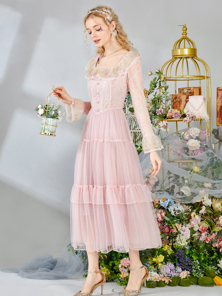 Golden Lace Floral Tiered Dress