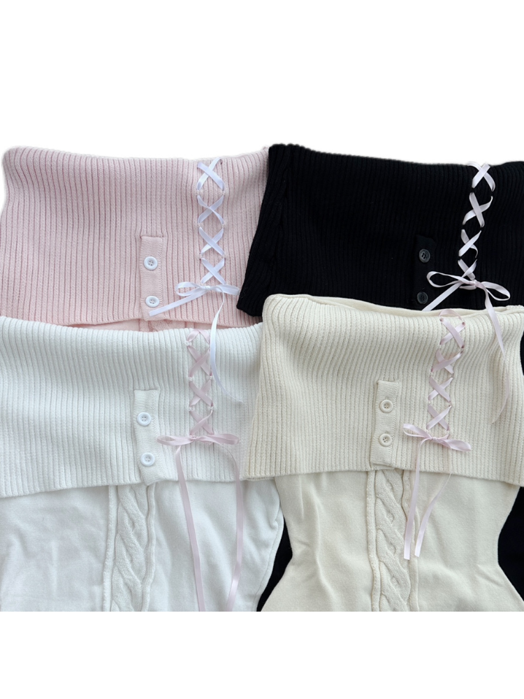 Lace-Up Ribbon Off-Shoulder Knit Top