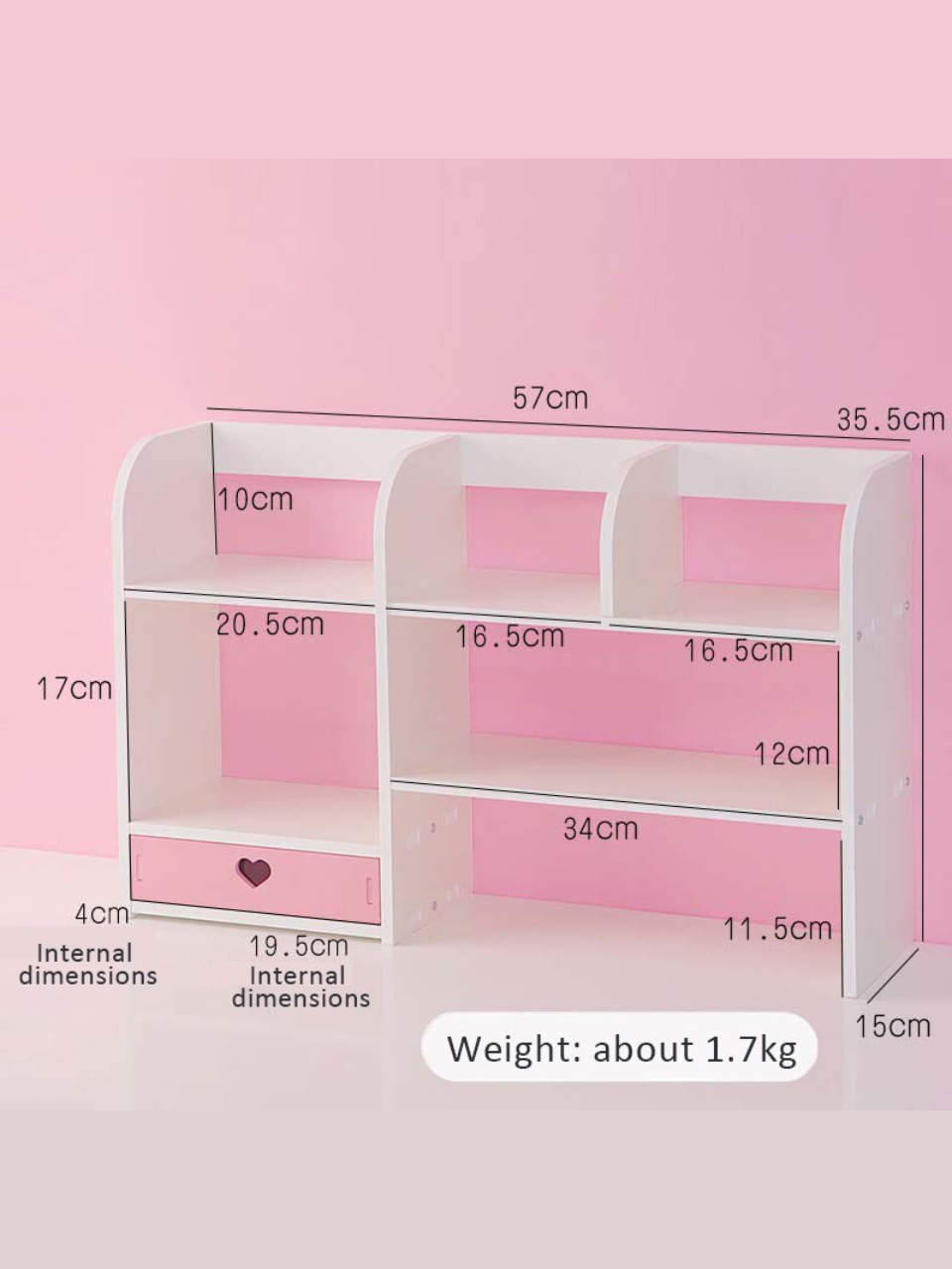 Pink Heart Bookshelf Desktop Storage Drawer Cabinet