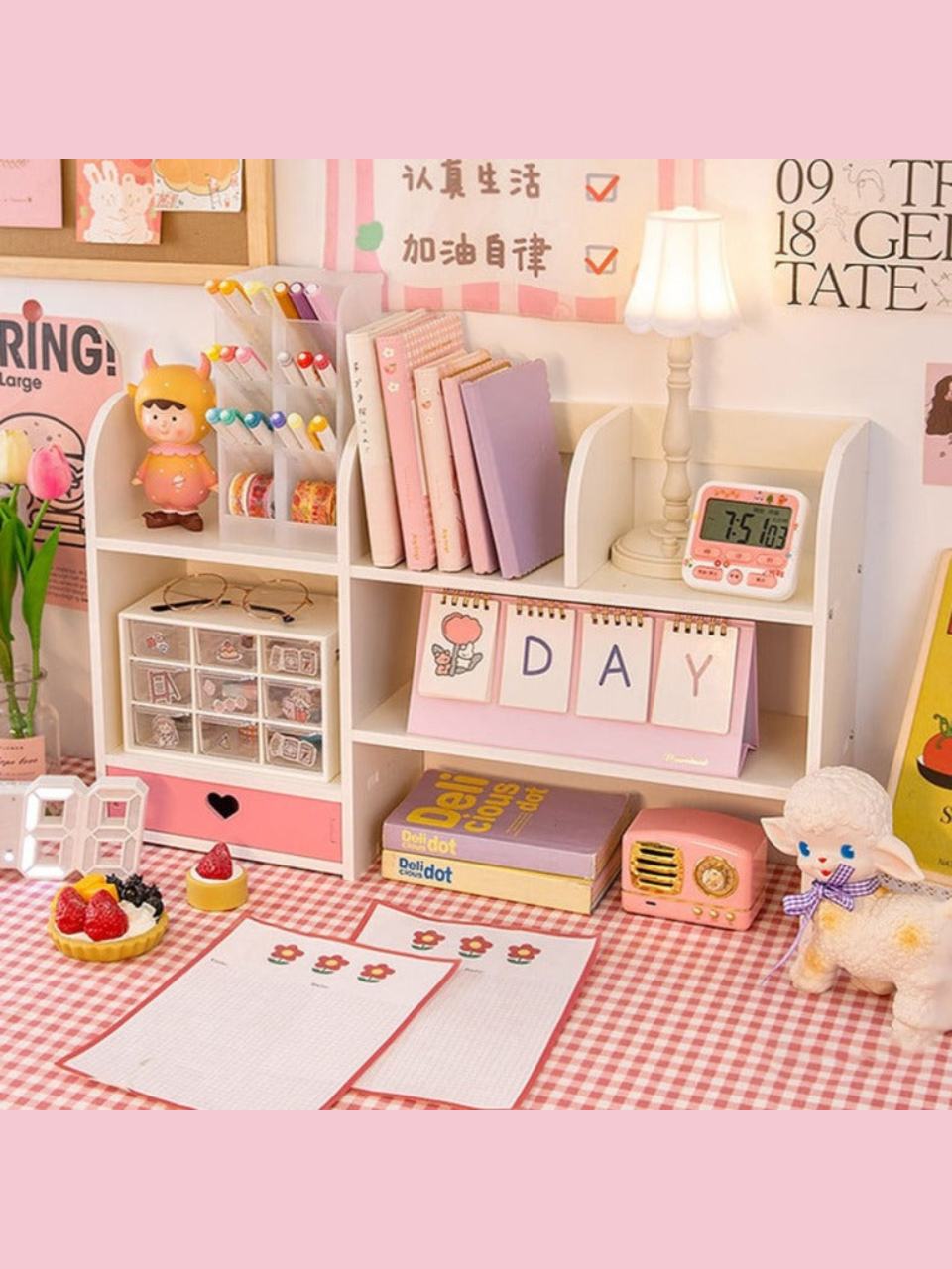 Pink Heart Bookshelf Desktop Storage Drawer Cabinet