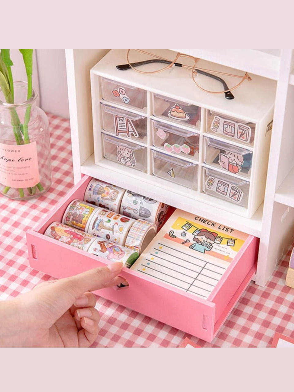 Pink Heart Bookshelf Desktop Storage Drawer Cabinet