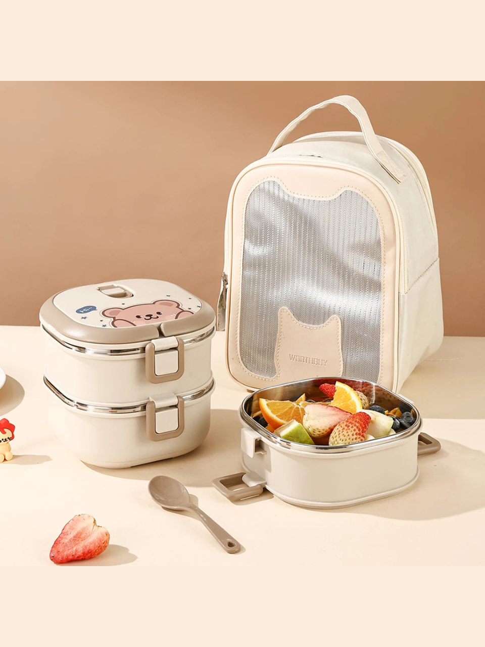 Cute Bunny Bear Insulated Stainless Steel Lunch Box with Spoon