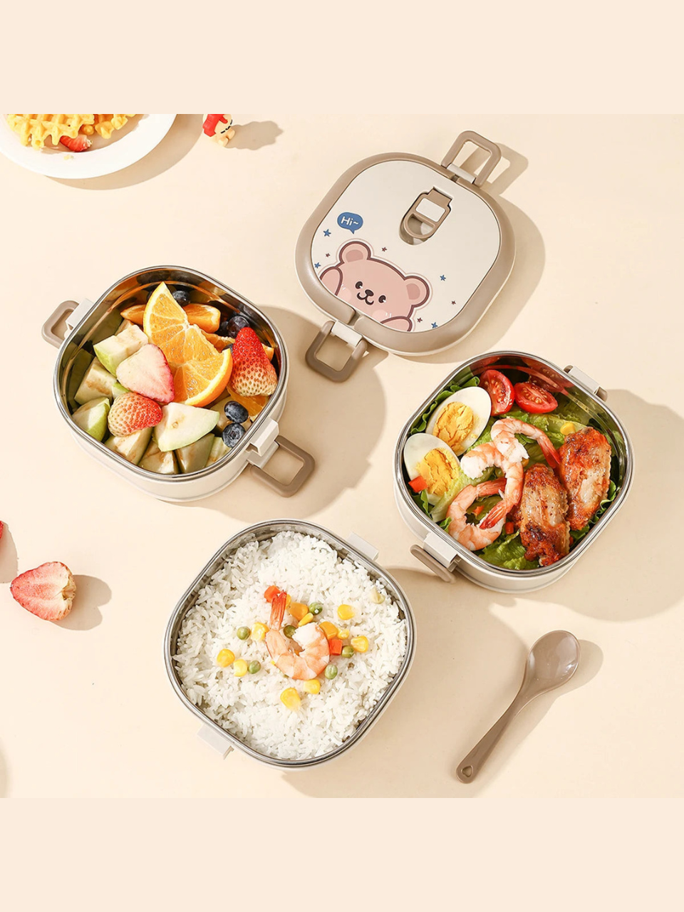 Cute Bunny Bear Insulated Stainless Steel Lunch Box with Spoon