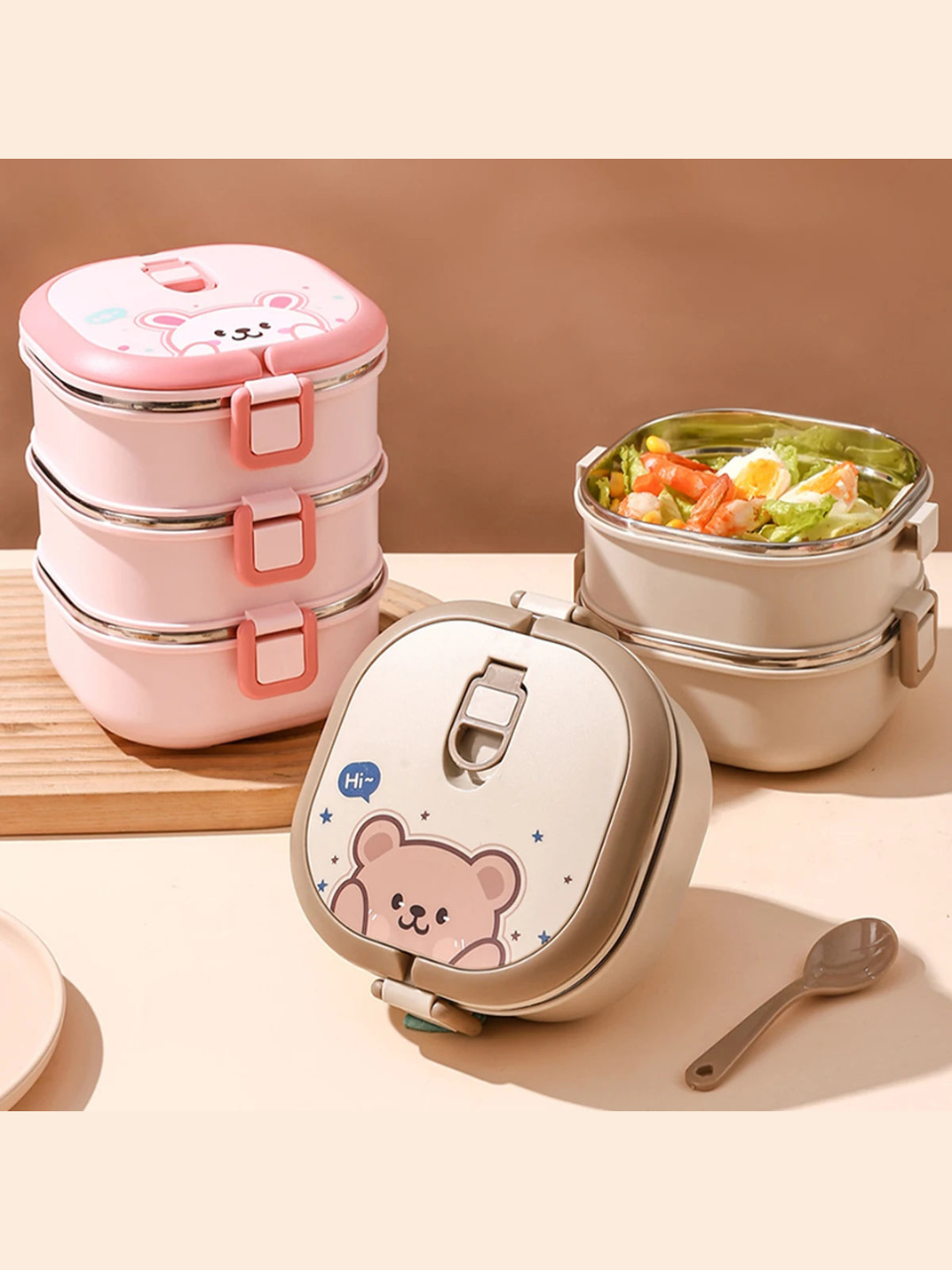 Cute Bunny Bear Insulated Stainless Steel Lunch Box with Spoon