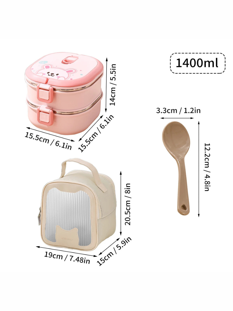 Cute Bunny Bear Insulated Stainless Steel Lunch Box with Spoon