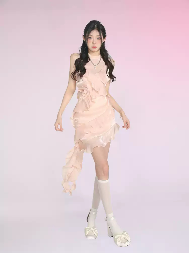 Pink Petal Asymmetrical Ruffle Dress