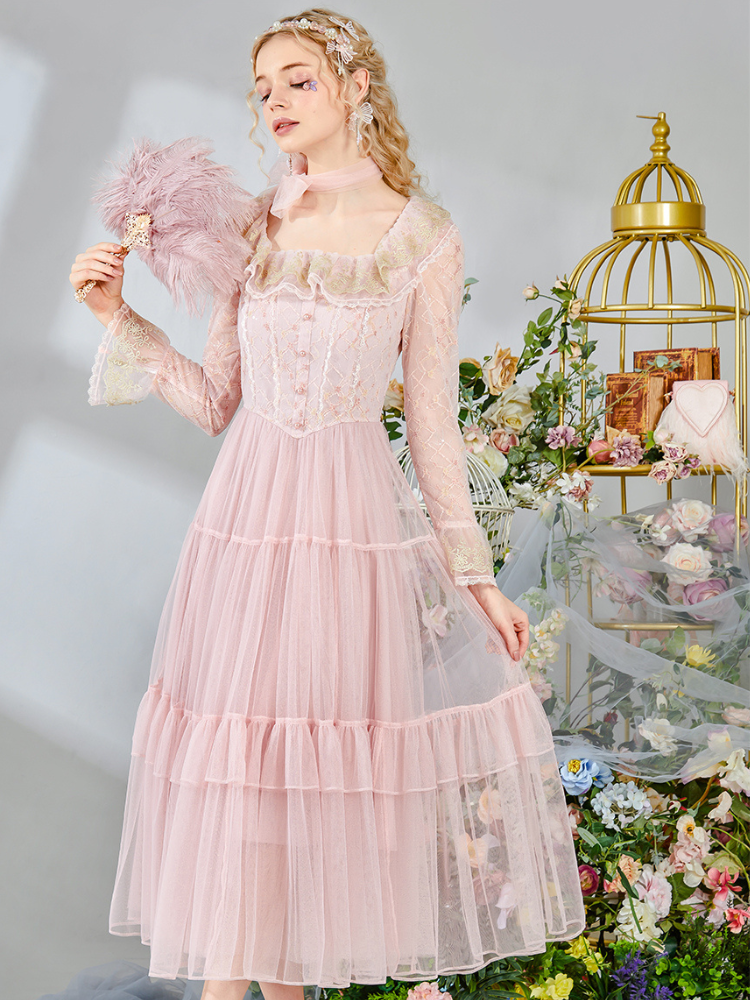 Golden Lace Floral Tiered Dress
