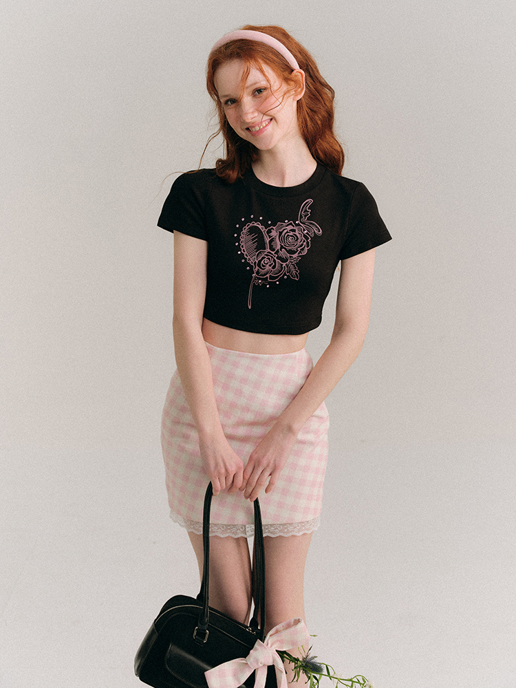 Pink Gingham Lace Trim Mini Skirt