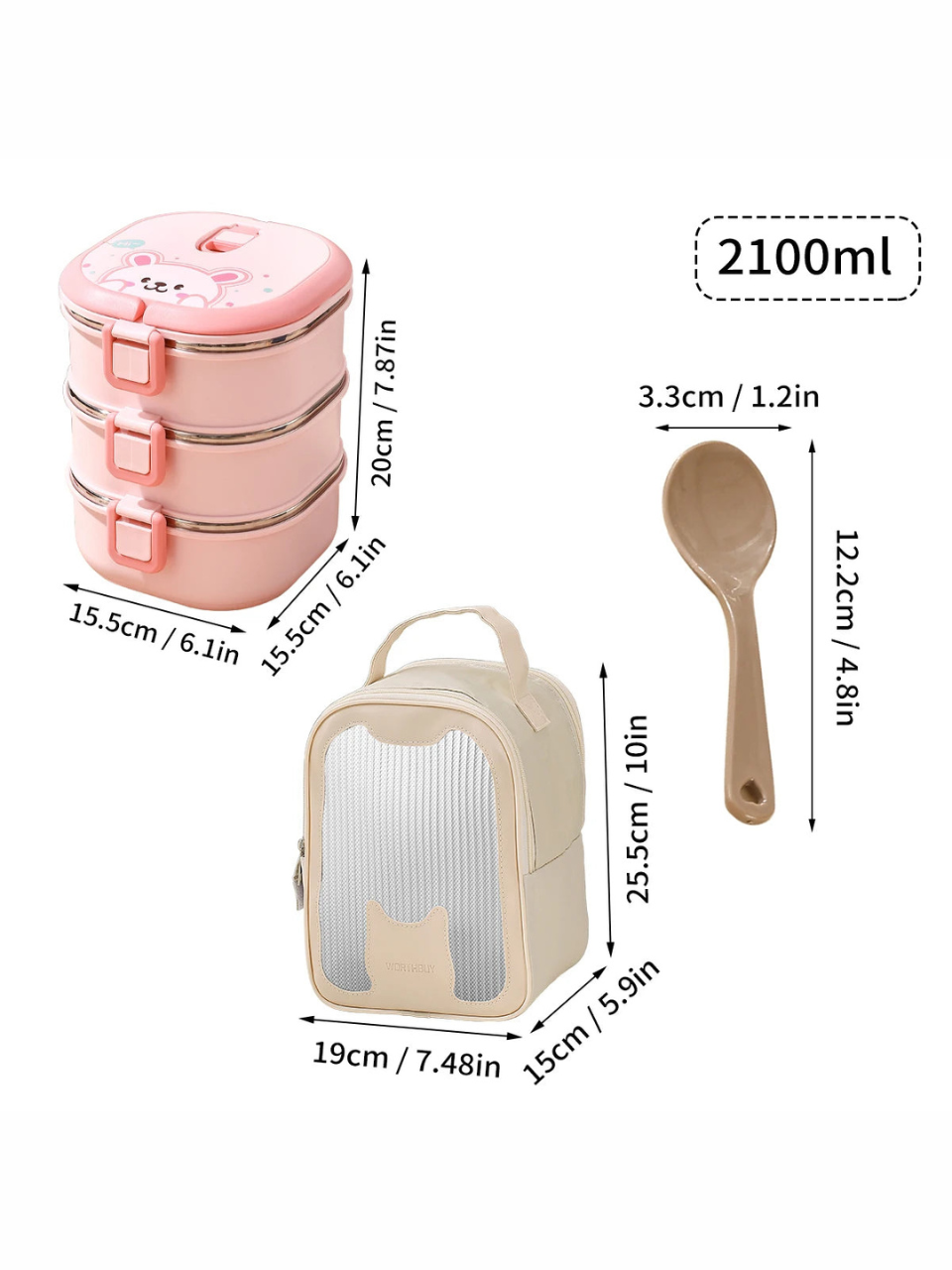 Cute Bunny Bear Insulated Stainless Steel Lunch Box with Spoon