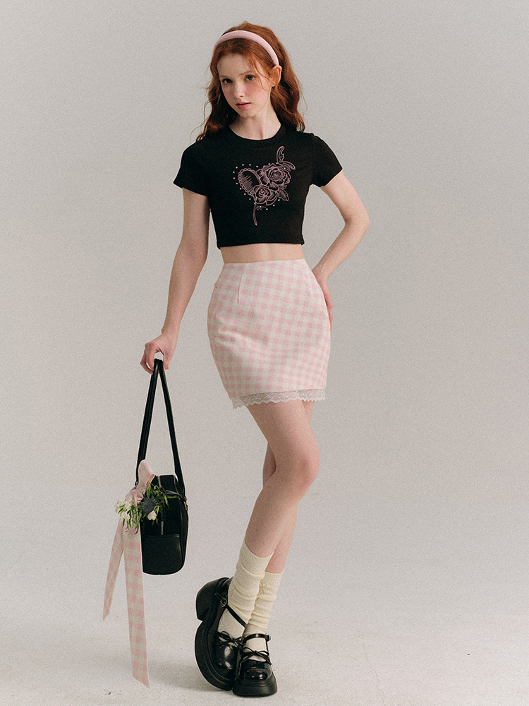 Pink Gingham Lace Trim Mini Skirt