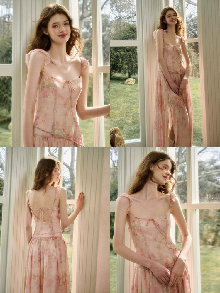 Rose Oil Painting Print Long Dress