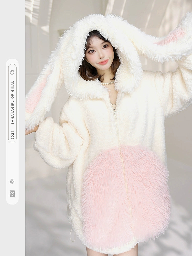 Pink Bunny Plush Hoodie Jacket Nightgown