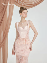 Sheer Luck Lefae lace satin panels with fishbone vibe suit skirt strap duo for summer
