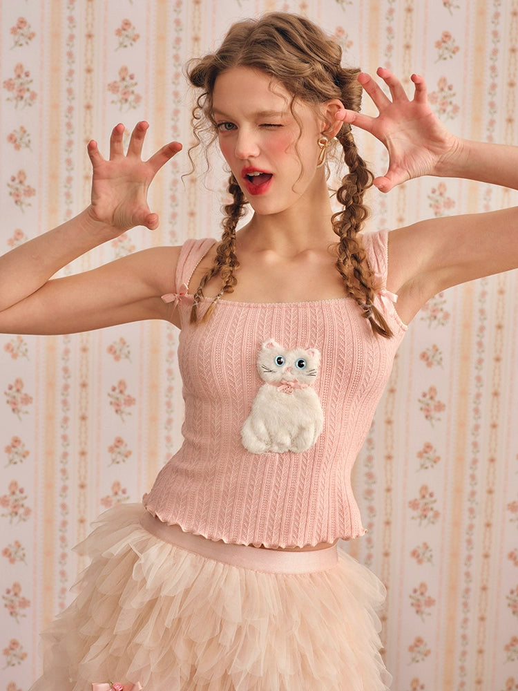 Fluffy Meow Ribbon Knit Top & Petal Whisper Tulle Skirt