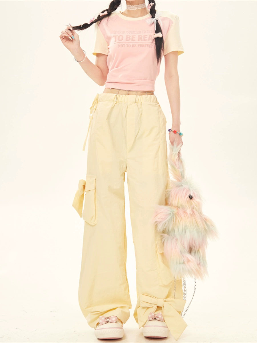 Summer Pink Yellow Bow Cargo Pants