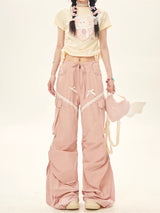 Summer Lovely Pink Gray Lace Cargo Pants