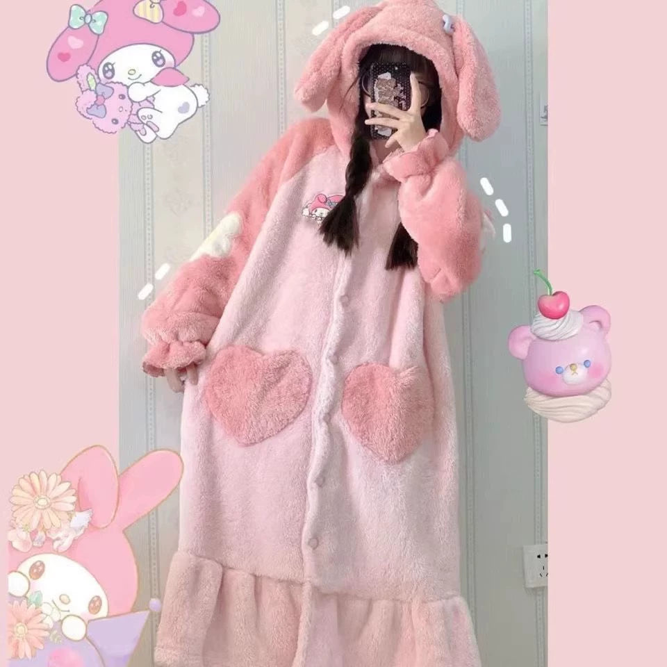 Cute Hooded Ears Pink Rabbit Warm Fluffy Pajama Nigthgown