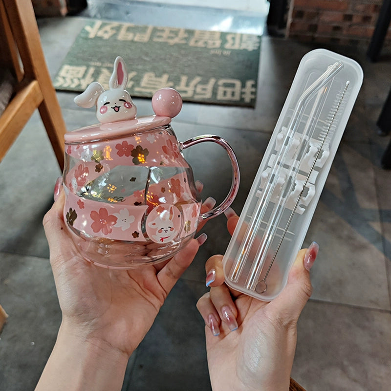 Pink Bunny Kitten Glass Straw Cup