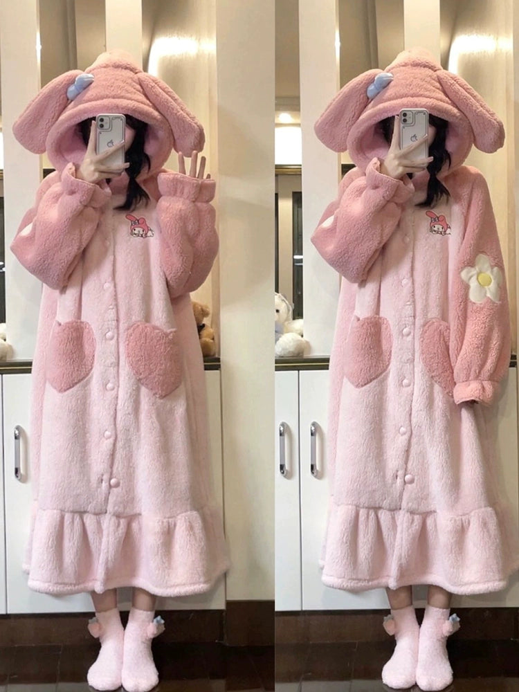 Cute Hooded Ears Pink Rabbit Warm Fluffy Pajama Nigthgown