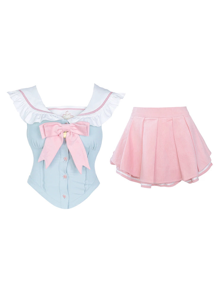 Sweet School Girl Blue Shirt Top Pink Cake Skirt