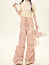 Summer Lovely Pink Gray Lace Cargo Pants