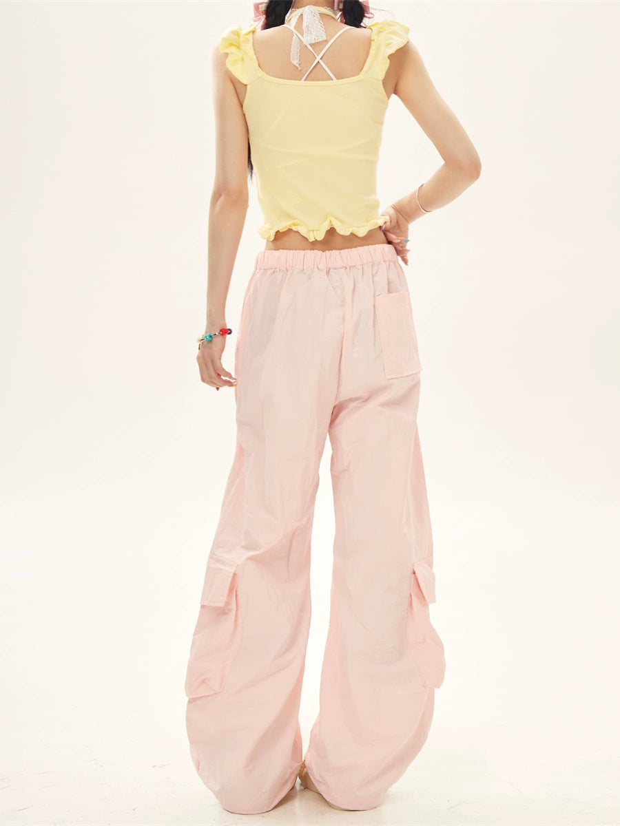 Summer Pink Blue Drawstring Tie Cargo Pants