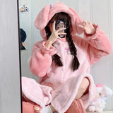 Cute Hooded Ears Pink Rabbit Warm Fluffy Pajama Nigthgown