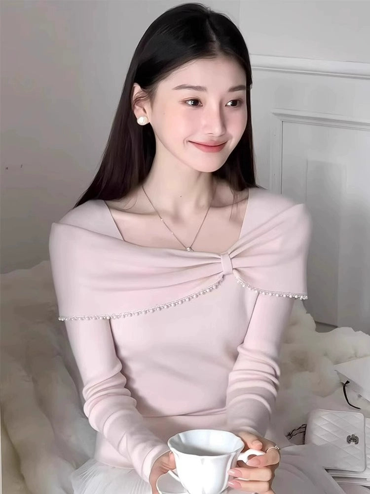 Pearl Bow Off-Shoulder Knit