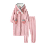 Pink Strawberry Hooded Ears Fluffy Warm Nightgown